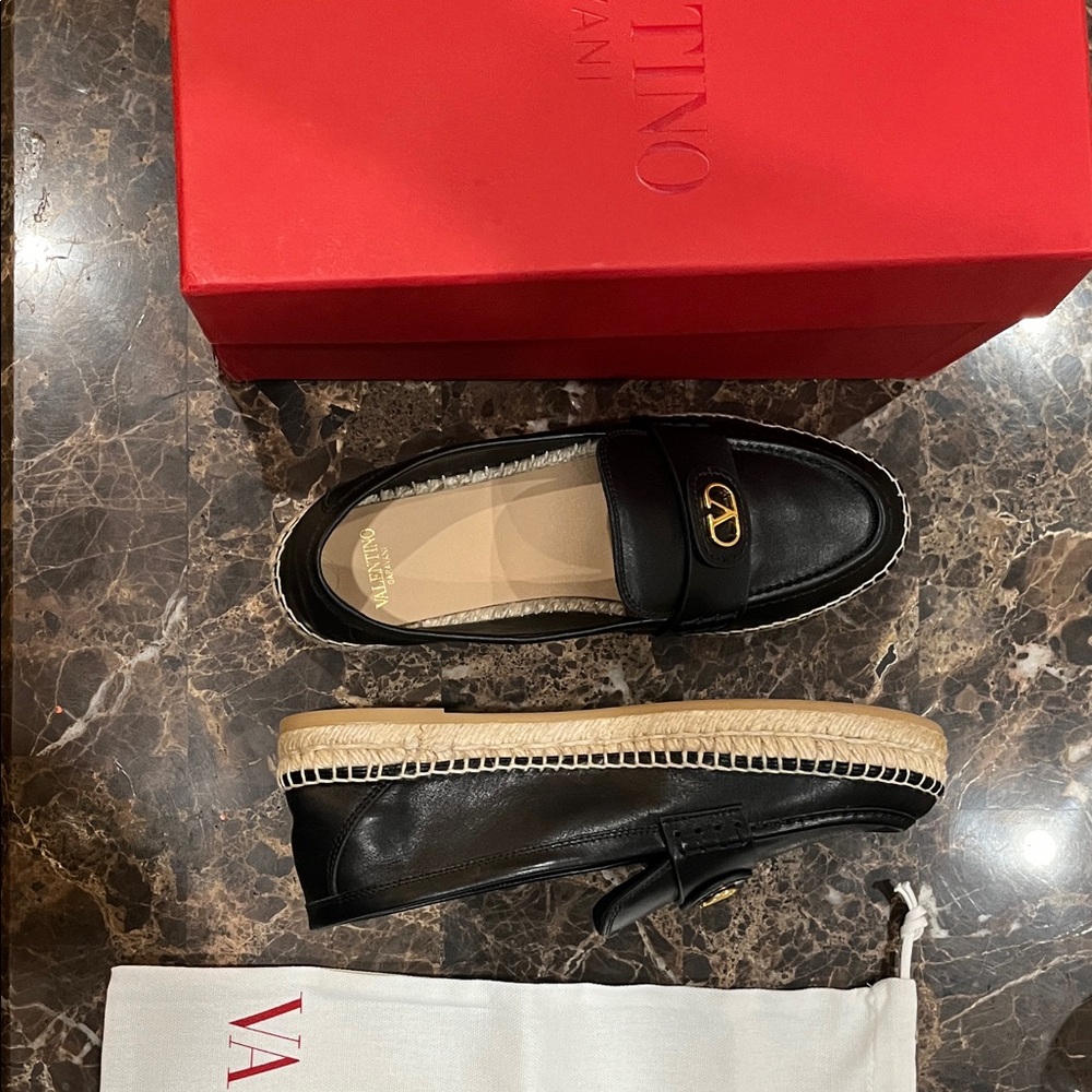 Valentino Black Leather Loafers with Espadrille Sole